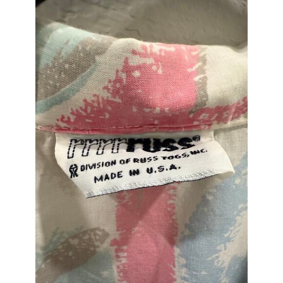 Vintage RRRRRuss Blouse Pastel Pink Blue White Short Sleeve Button USA M - Picture 3 of 6